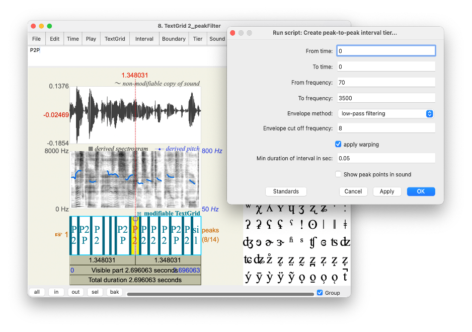 Parameter specification window after running the script. Where use can set the begin and end time, begin and end frequency, different envelope methods (with drop-down) menu, cut-off frequency of envelope, and minimum duration of interval in seconds. The user can also specify whether to apply wrapping and to show peak points in sound. A window of TextGrid after applying the sound is also shown.