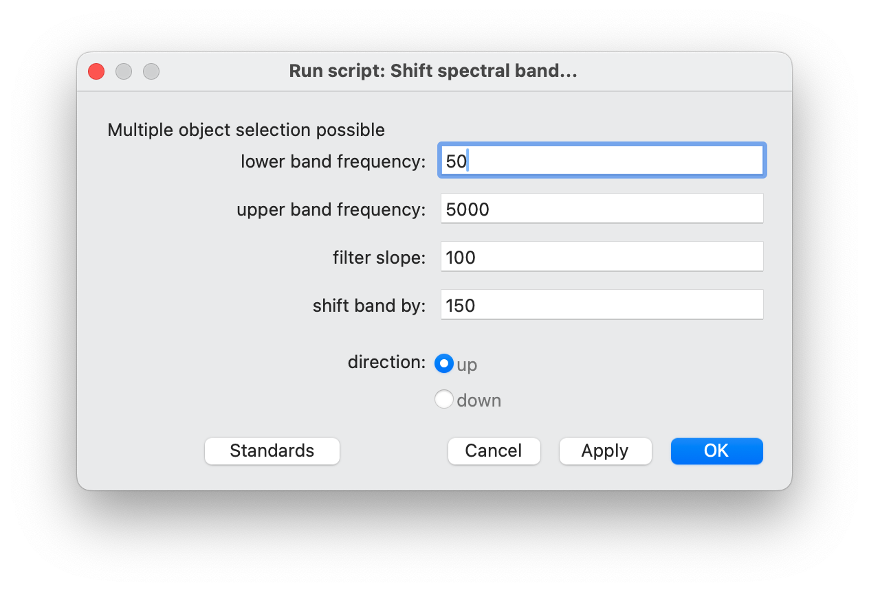 Parameter window after running this script. The user can specify the lower band frequency, upper band frequency, filter slope, amount of band shift, as well and whether the direction is up or down.