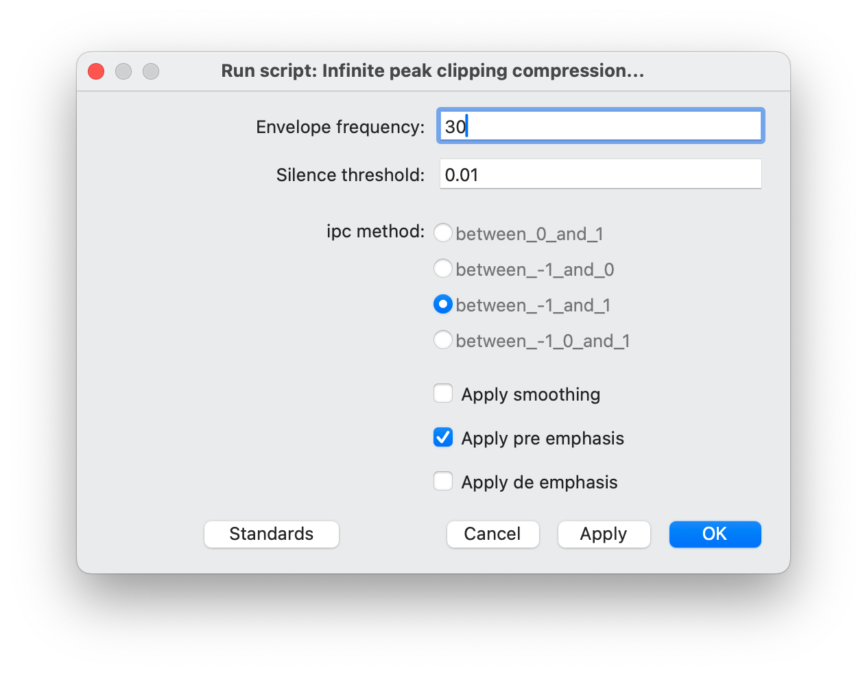 Parameter specification window after executing this script. Where use can specify the envelope frequency, silence threshold and different ipc methods. Also, whether to apply smoothing, pre-emphasis and de-emphasis.
