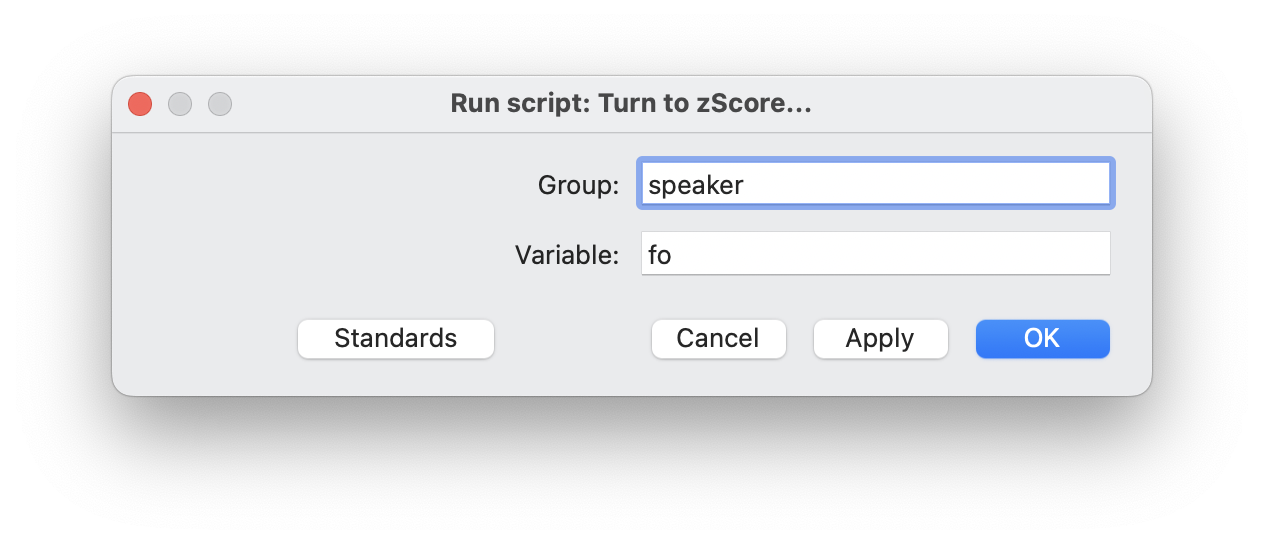 Parameter window after running the script. The user can specify which group and which variable are interested for calculating the z score.