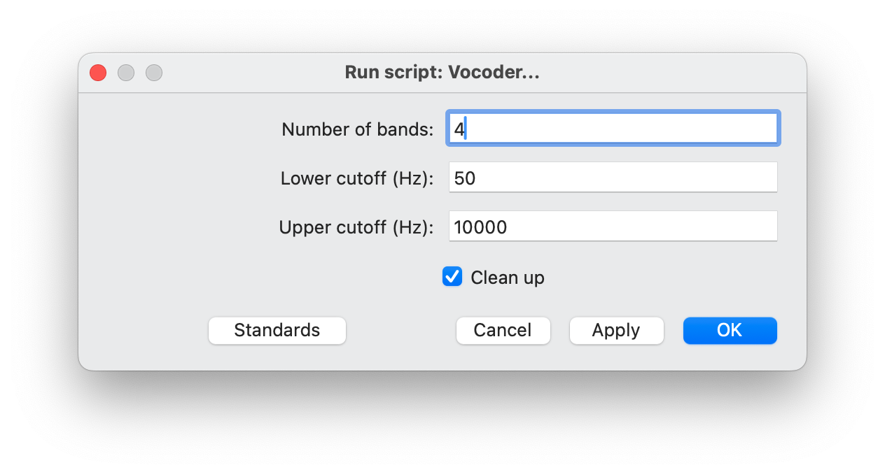 Parameter specification window after running this script. Here the user can specify the number of bands used, lower cutoff frequency and upper cutoff frequency.