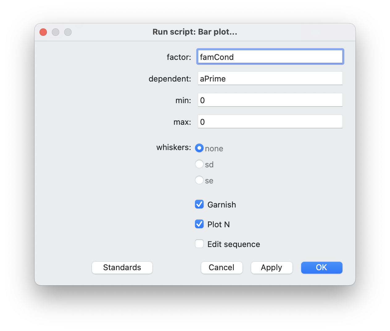 Parameter specification window after running this script. The user can specify the name of the factor, dependent, min and max.