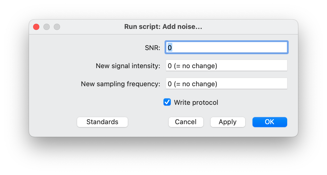 Parameter specification window after running this script. User can specify the signal-to-noise ratio, intensity of the new signal and sampling frequency of the new signal.