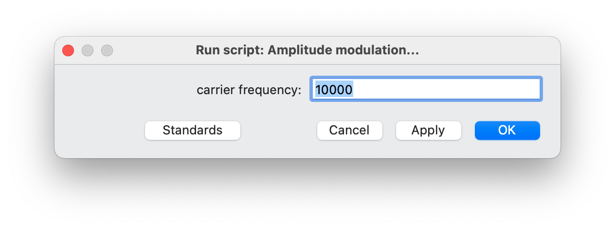 Parameter specification window after running this script. User specifies the carrier frequency to be used to carry the selected message signal.
