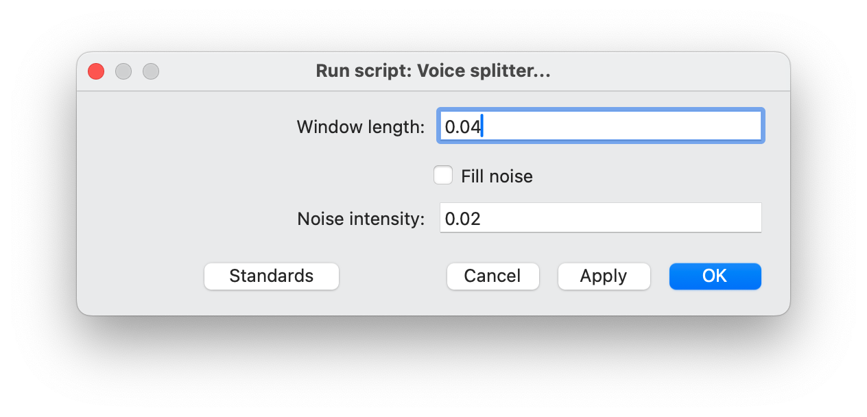 Parameter specification window after running this script. Where the user can specify the window length and noise intensity.