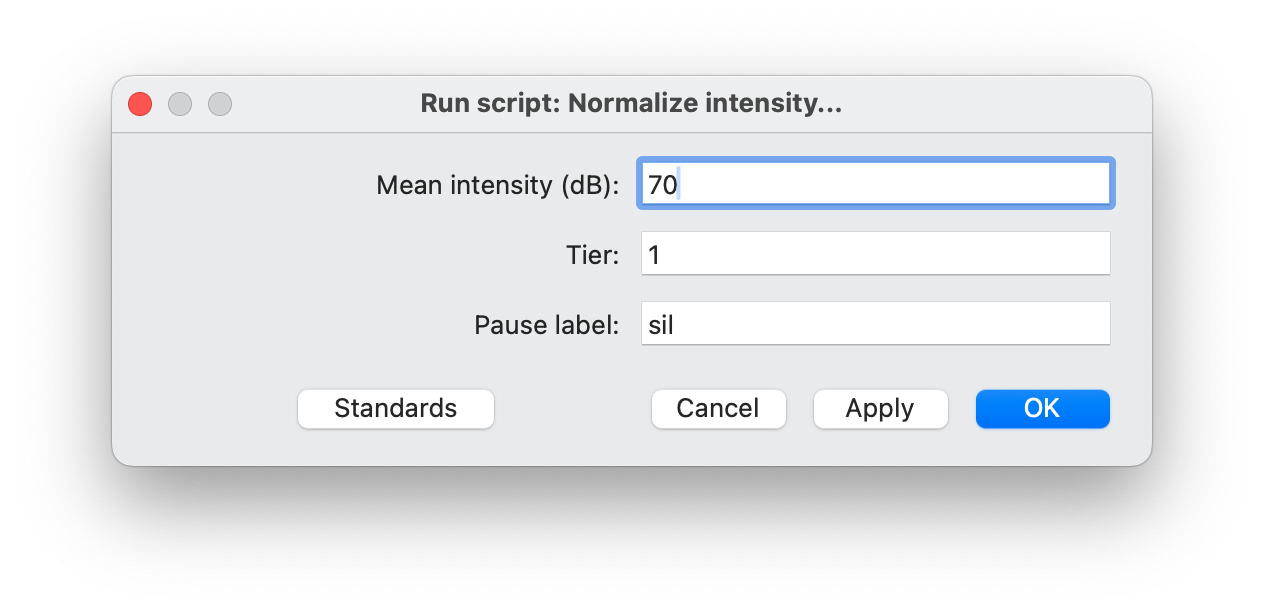 Parameter specification window after running the script. The user can specify the mean intensity in dB, tier and the label of the pause.