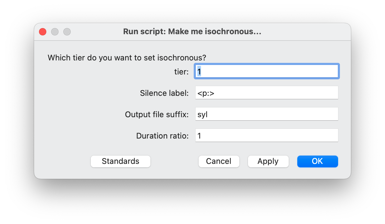 Parameter specification window of the script. The use can specify the tier, silence label, output file suffix and duration ratio.