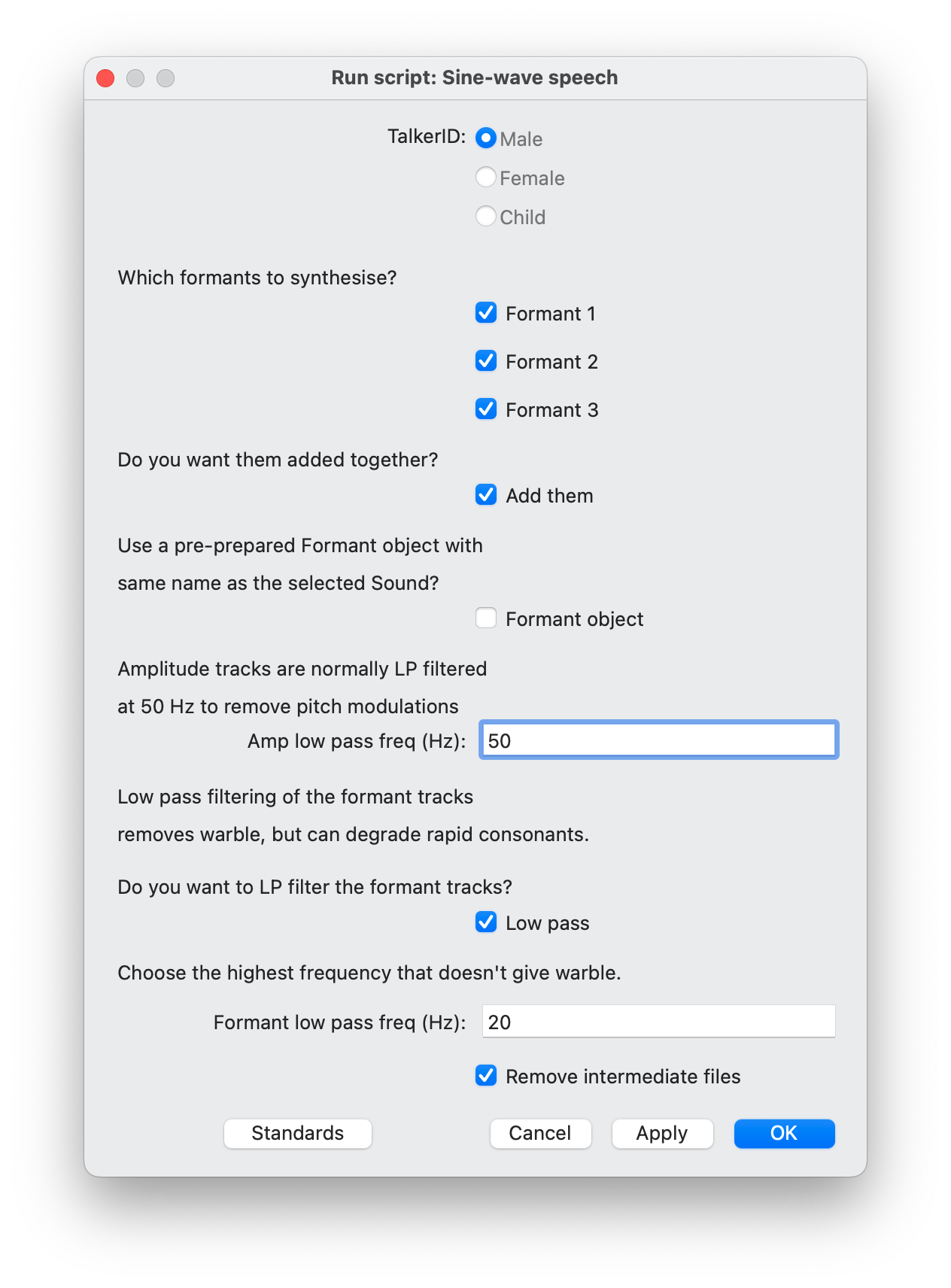parameter specification window after executing this script. Where use can specify the envelope frequency, silence threshold and different ipc methods. Also, whether to apply smoothing, pre-emphasis and de-emphasis.